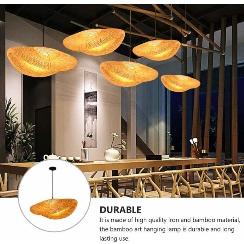 E27 Bamboo Rattan Pendant Light Vintage Adjustable Woven Chandelier for Dining Office Cafe, 40cm