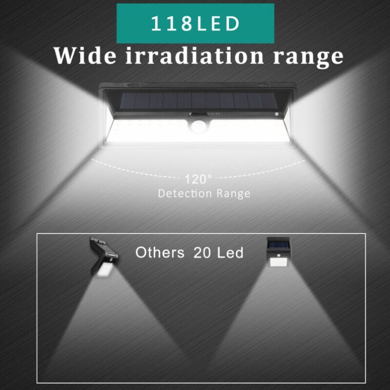 Solar Wall Light 118 LED PIR Motion Sensor IP65 Waterproof Outdoor Garden Light 1000 Lumens