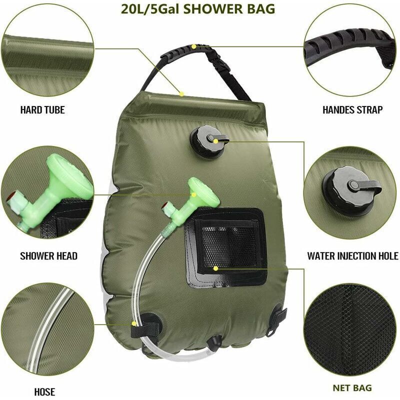 Solar Camping Shower Bag, Solar Portable Shower Bag, Outdoor Foldable Water Bag with Switchable Shower Head Solar Water Heater for Hiking, 20 L