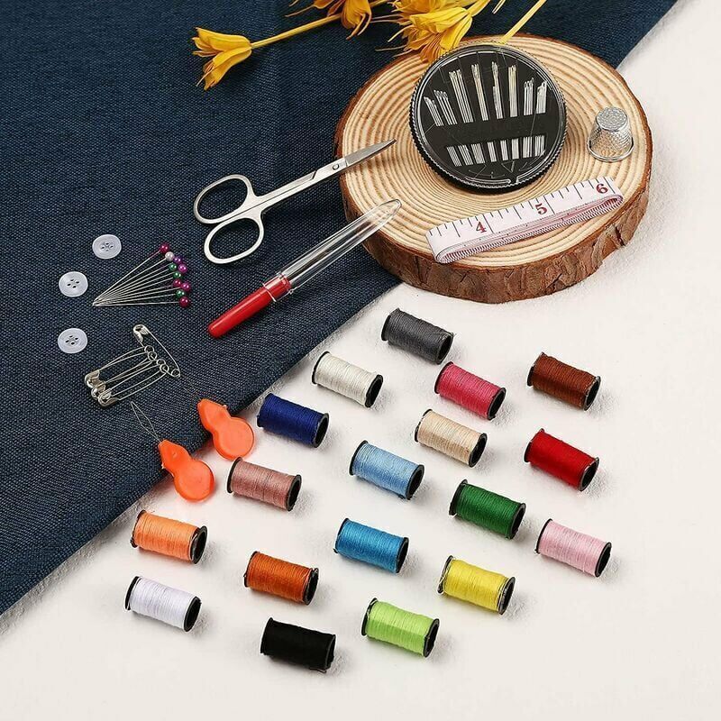 Mini Sewing Kit with 52 Sewing Supplies, 18 Thread Spools with Black Sewing Box for Beginners Kids Travelers Sewing Machine Adults Girls, Small
