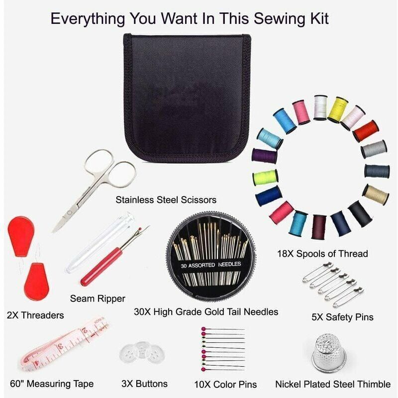 Mini Sewing Kit with 52 Sewing Supplies, 18 Thread Spools with Black Sewing Box for Beginners Kids Travelers Sewing Machine Adults Girls, Small