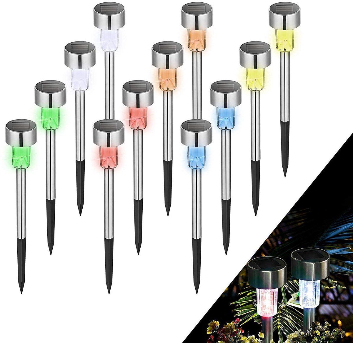 10 Pack Solar Garden Pathway Lights, Color Changing LED Stake Lights With Auto Dusk To Dawn Sensor, Stainless Steel, IP44 Outdoor For Lawn, 34 cm
