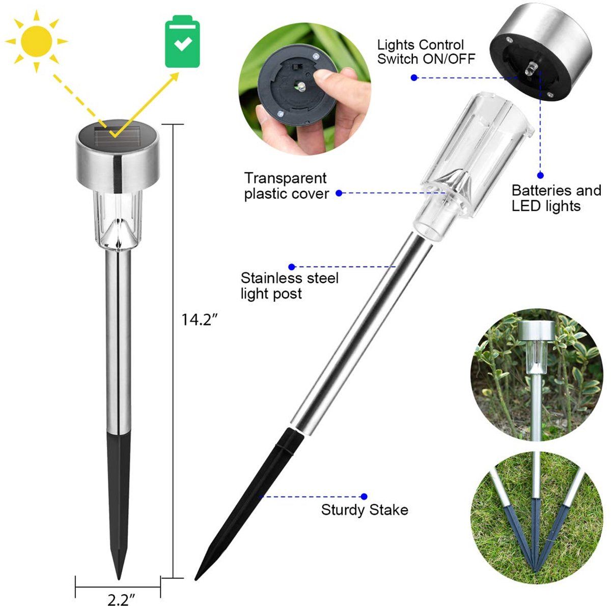 10 Pack Solar Garden Pathway Lights, Color Changing LED Stake Lights With Auto Dusk To Dawn Sensor, Stainless Steel, IP44 Outdoor For Lawn, 34 cm