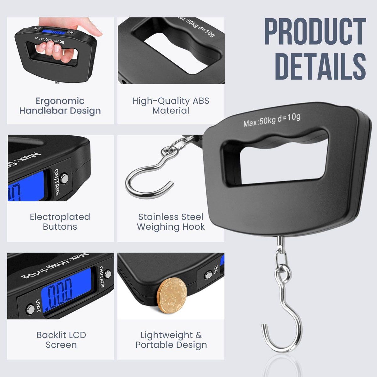 Digital Luggage Scale With Hook, Capacity Accuracy, Backlit LCD Handheld Travel Baggage Scale For Suitcases, Black, 50 kg, 10 g, 12 x 8 cm