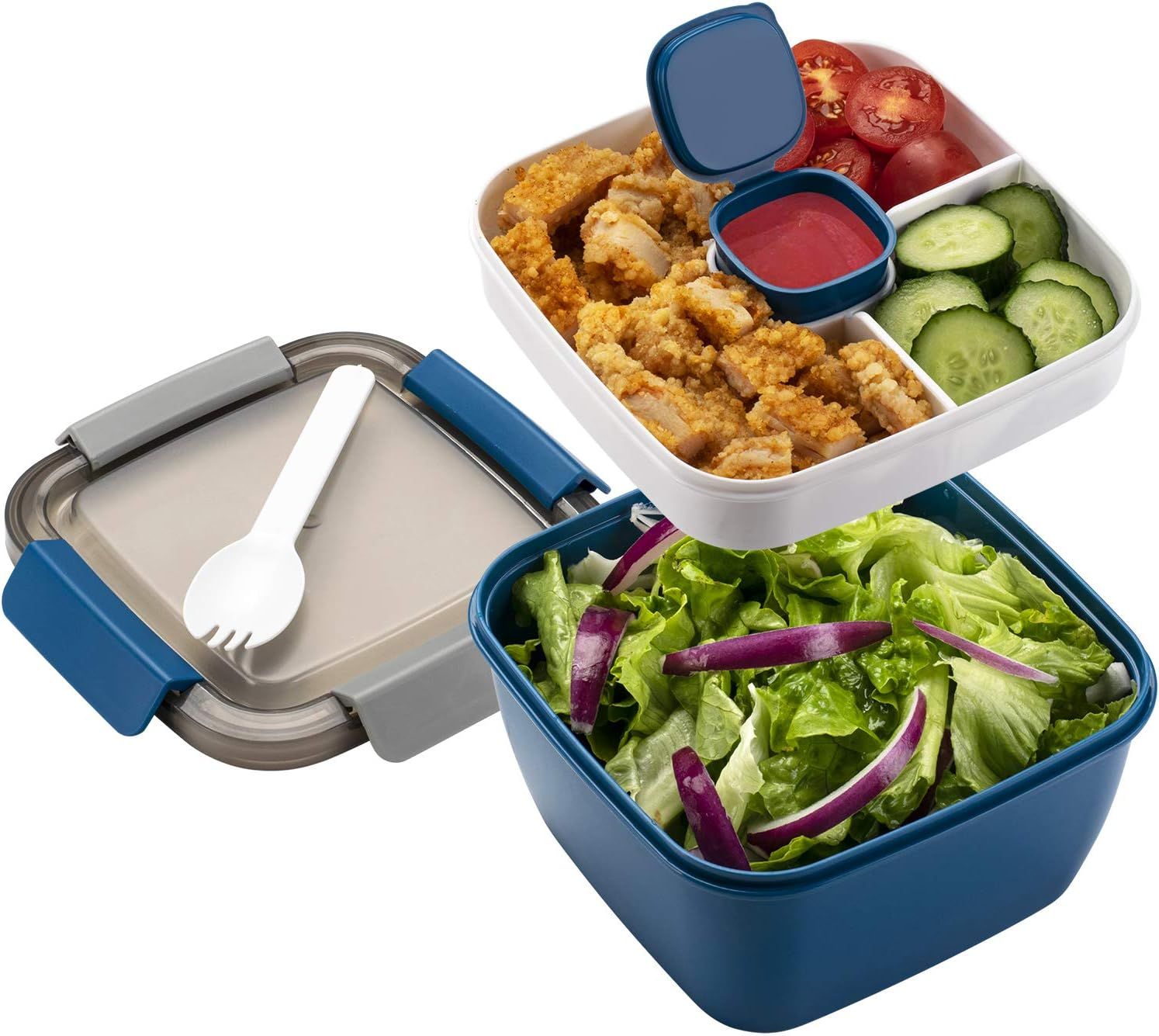 Salad Lunch Container 3 Compartments with Sauce Cup Blue, 1.5 L