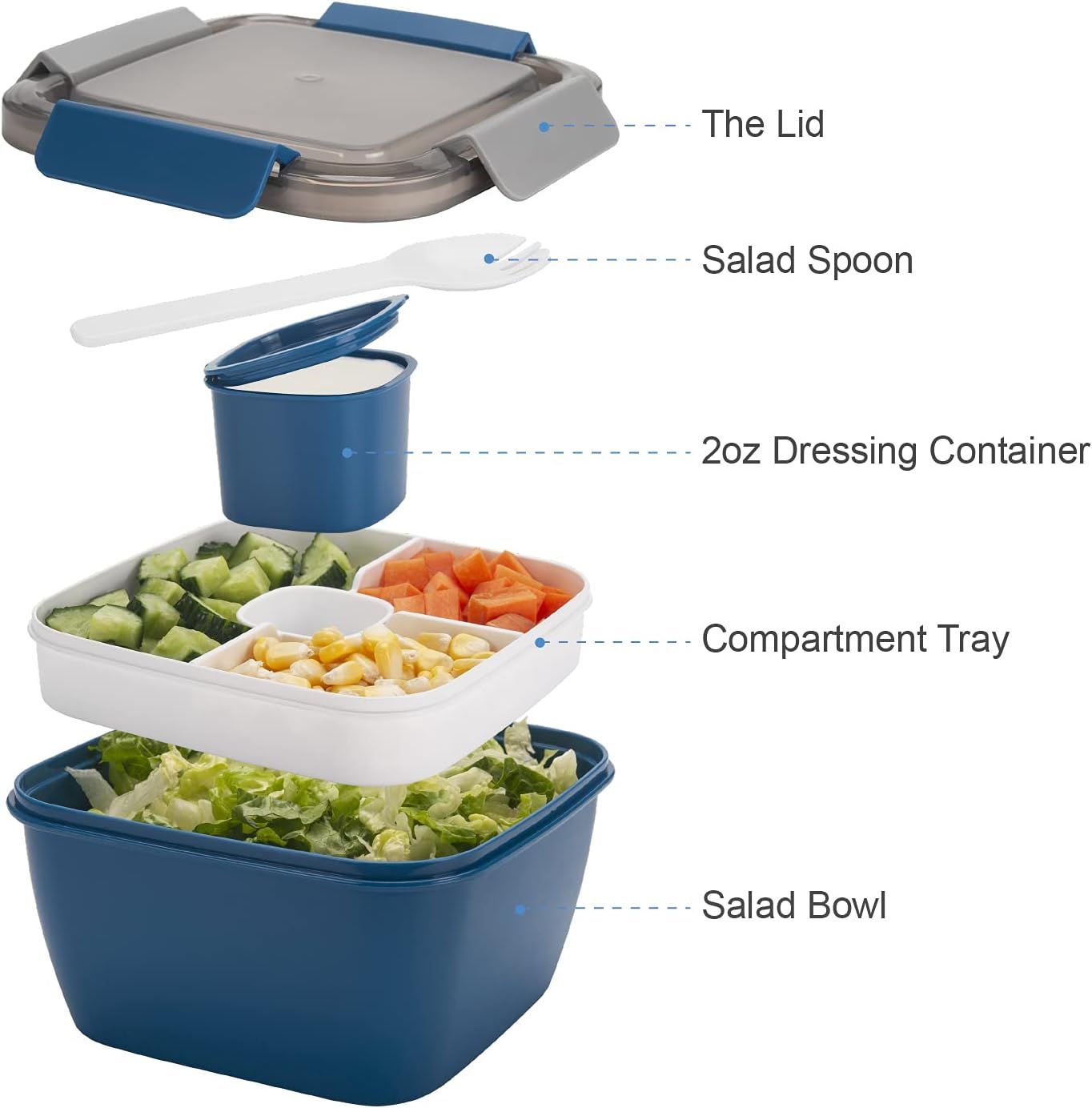 Salad Lunch Container 3 Compartments with Sauce Cup Blue, 1.5 L