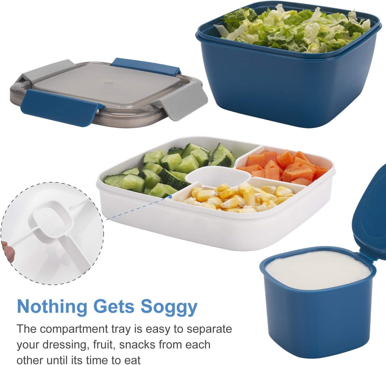 Salad Lunch Container 3 Compartments with Sauce Cup Blue, 1.5 L