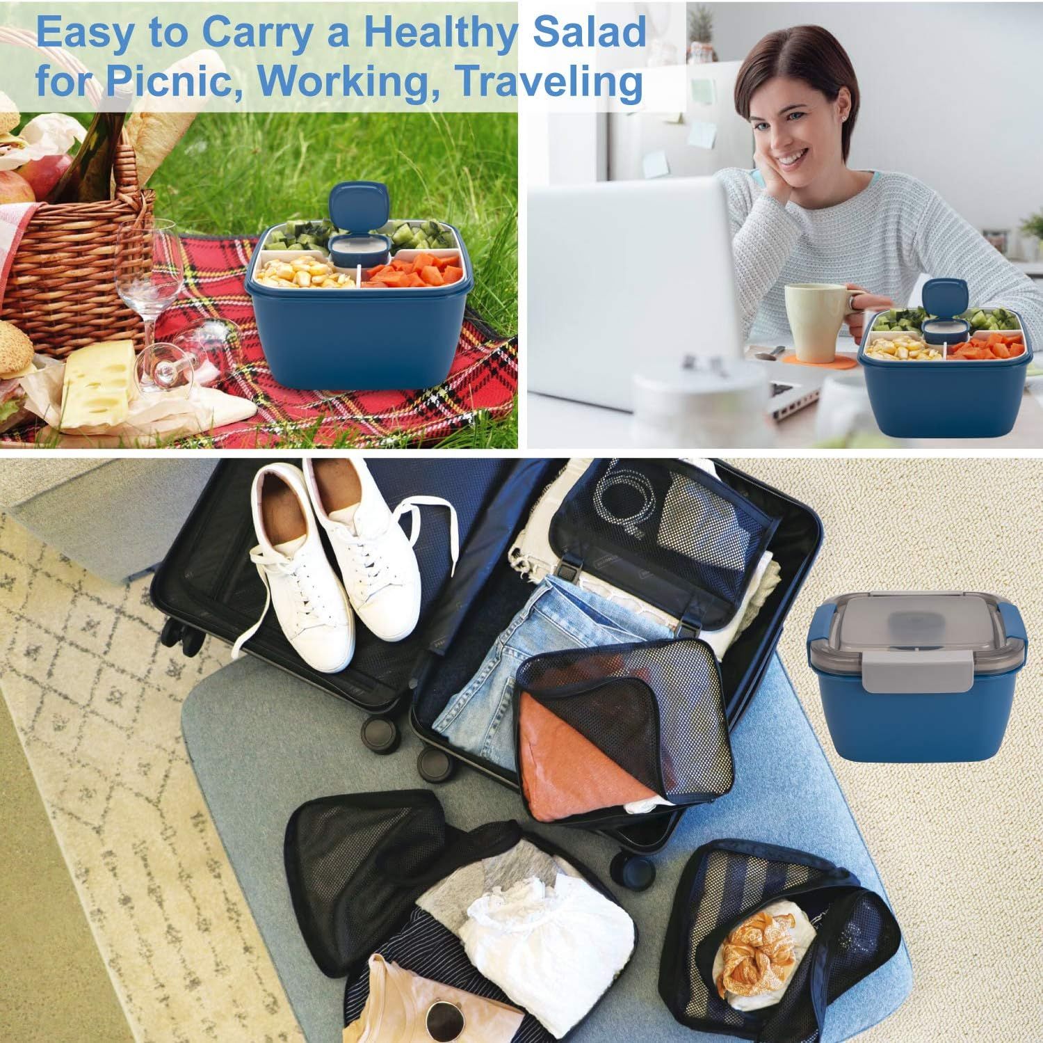 Salad Lunch Container 3 Compartments with Sauce Cup Blue, 1.5 L