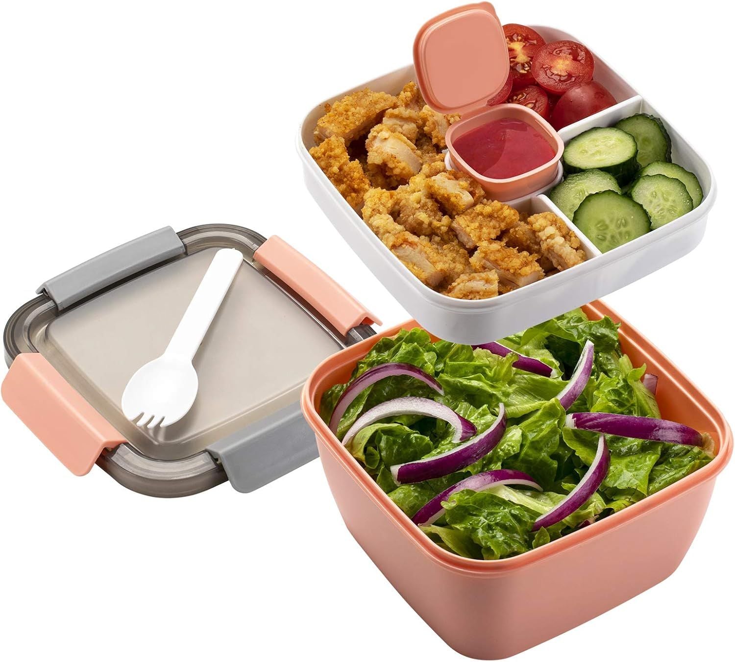 Salad Lunch Container 3 Compartments with Sauce Cup Pink, 1.5 L