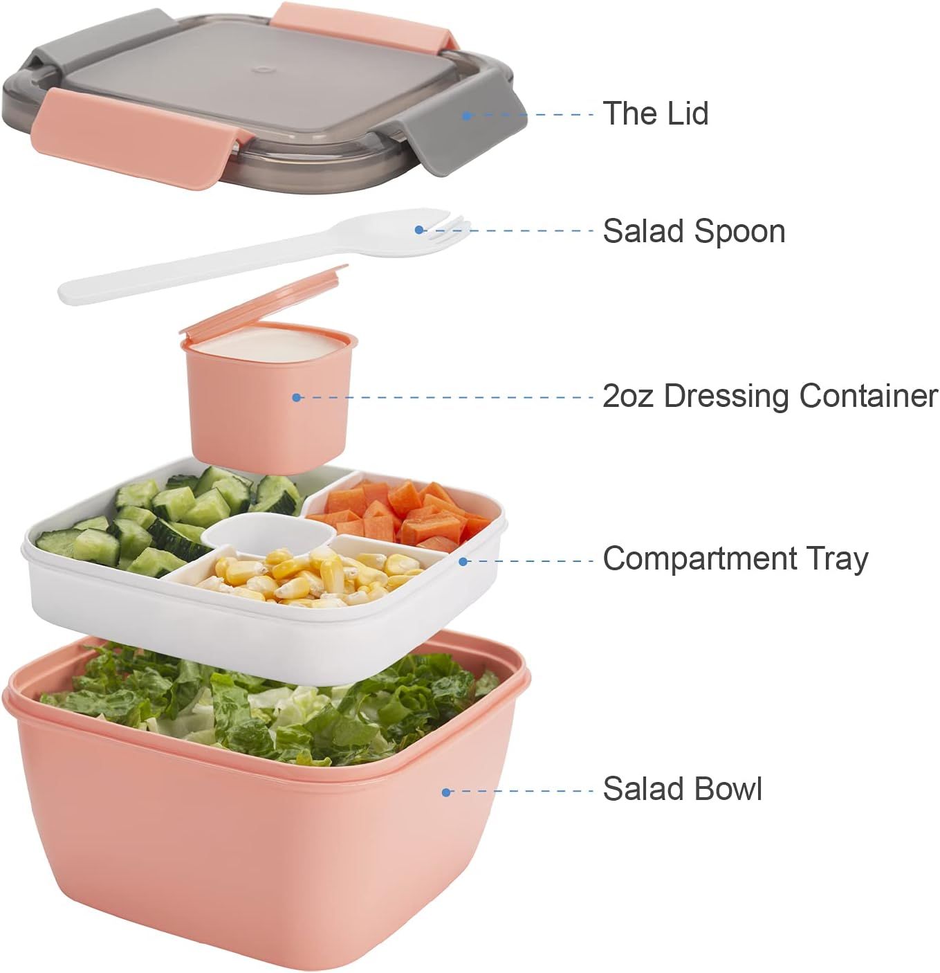 Salad Lunch Container 3 Compartments with Sauce Cup Pink, 1.5 L