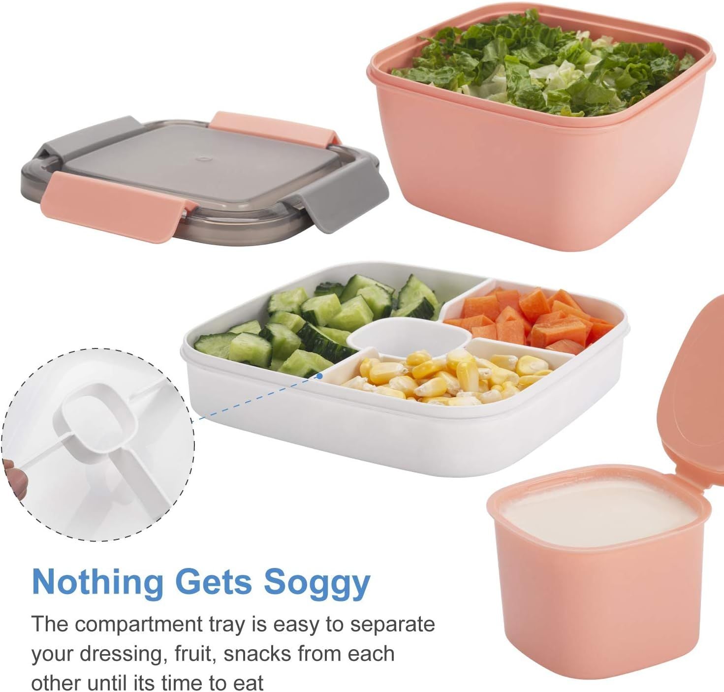Salad Lunch Container 3 Compartments with Sauce Cup Pink, 1.5 L