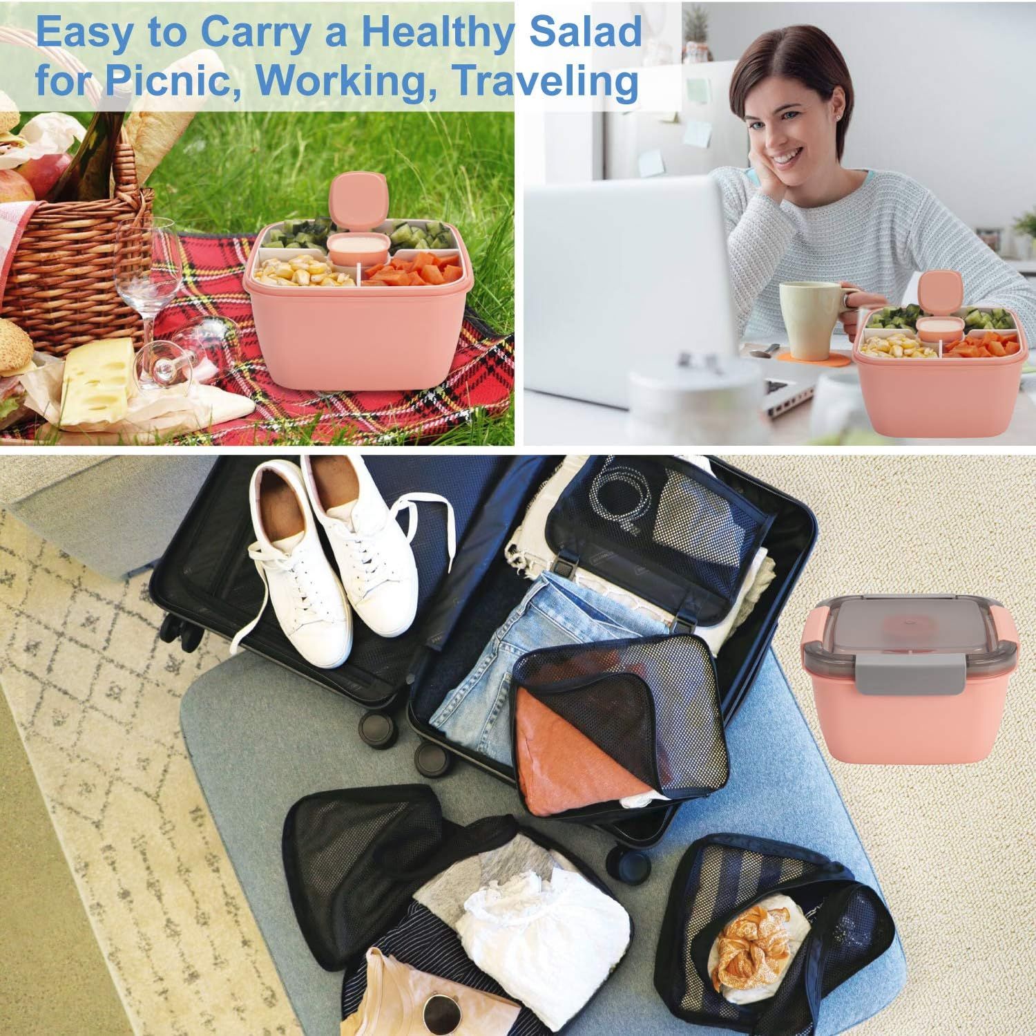 Salad Lunch Container 3 Compartments with Sauce Cup Pink, 1.5 L