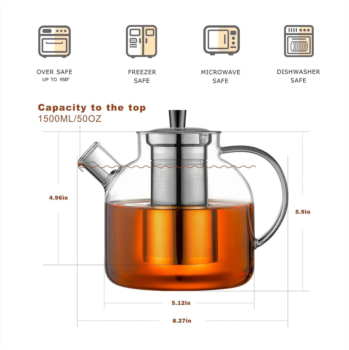 Glass Teapot with Stainless Steel Filter, 1.5 L