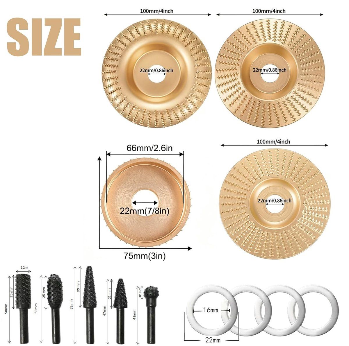 Grinding Disc Set for Angle Grinder, 4 Pcs Wood Carving Discs and 5 Pcs Rasp Drill Bits for Wood Cutting and Shaping, Compatible with Angle Grinder