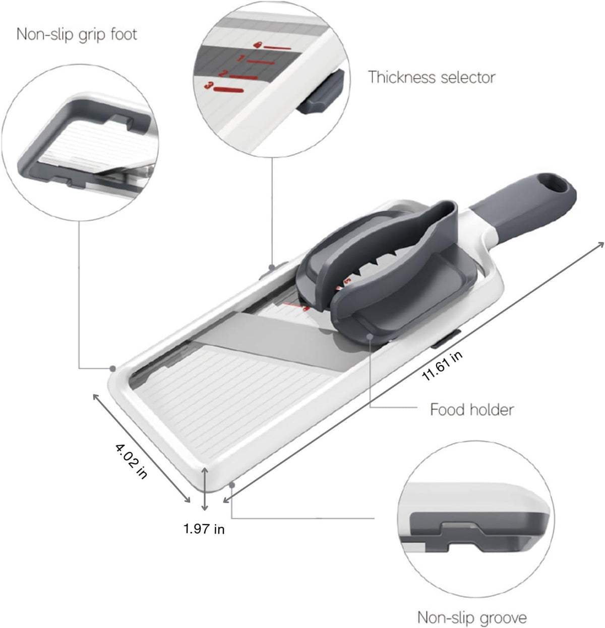 Handheld Mandoline Slicer with Adjustable Stainless Steel Blade, Comfort Grip and Safety Food Guard for Fruits and Vegetables, Easy to Clean, Gray