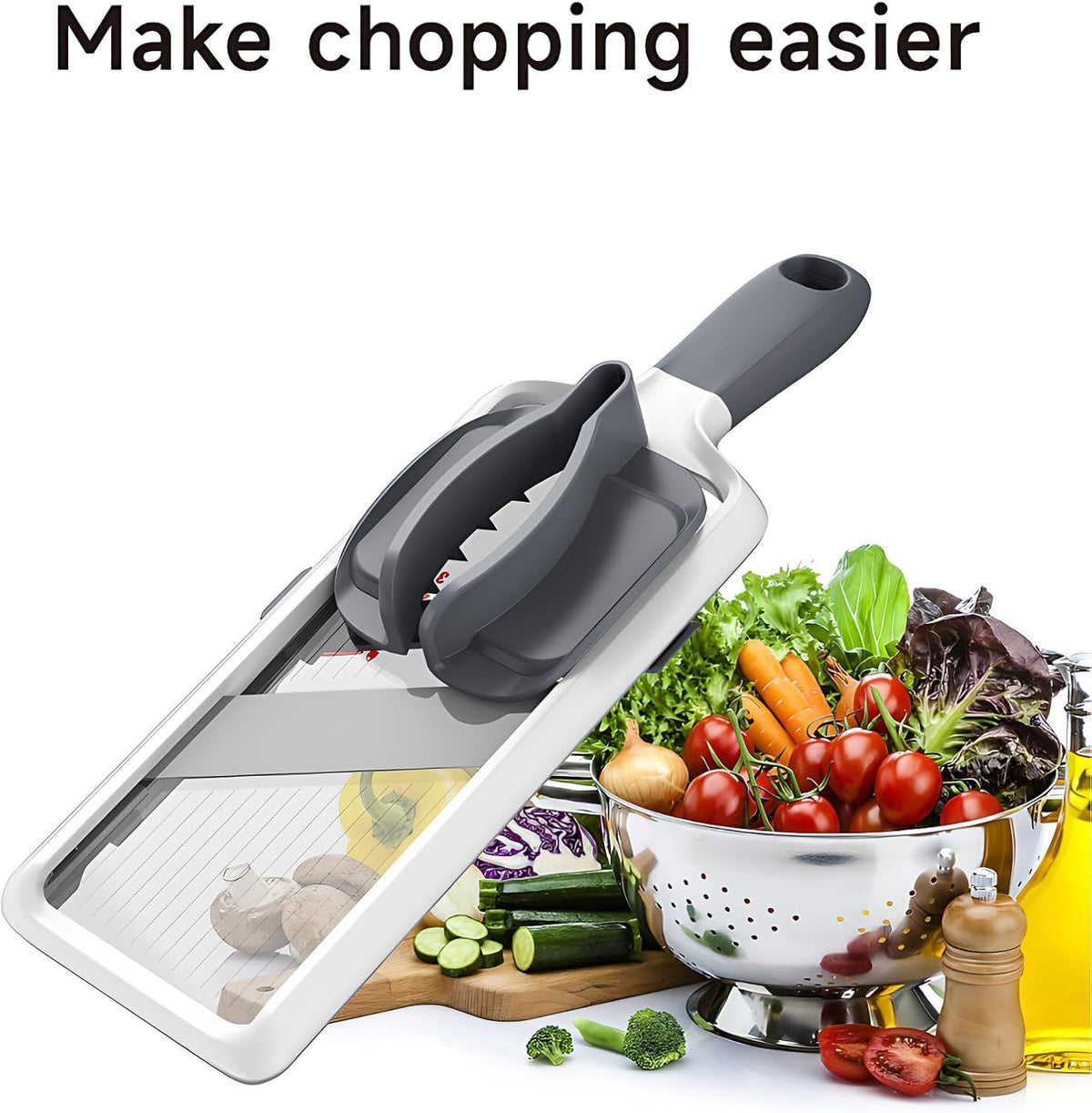 Handheld Mandoline Slicer with Adjustable Stainless Steel Blade, Comfort Grip and Safety Food Guard for Fruits and Vegetables, Easy to Clean, Gray