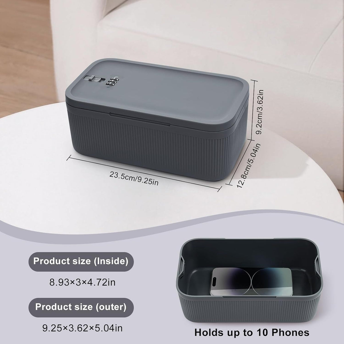 Lockable Storage Box with Combination Code, Portable BPA-Free Medicine Safe for Home Office Travel, Grey, 23.5 x 12.8 x 9.2cm