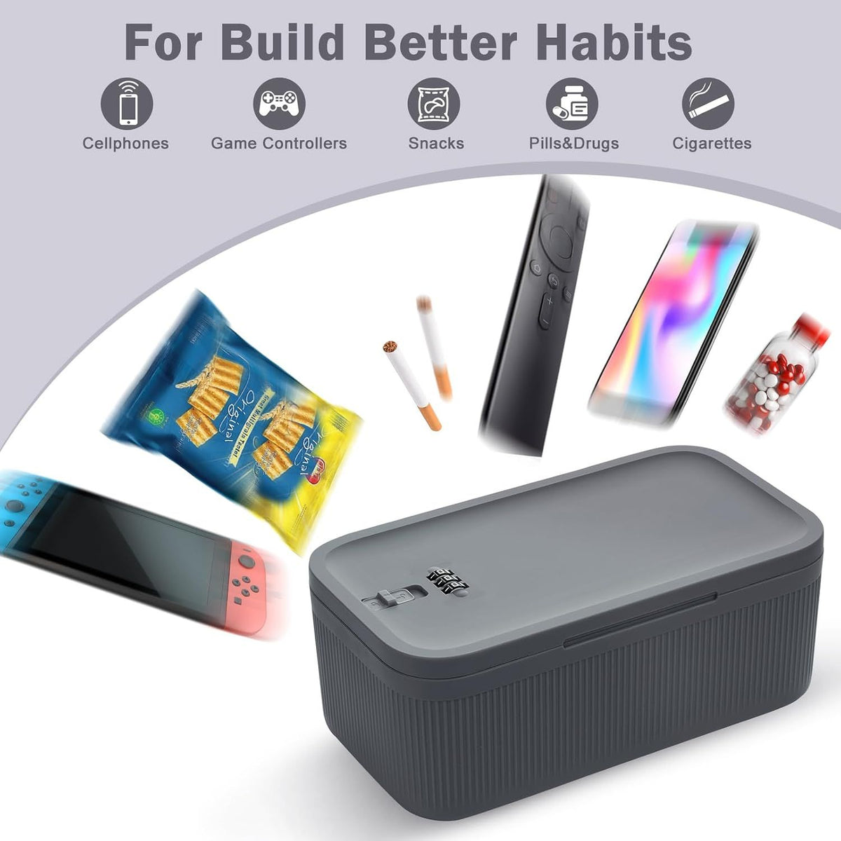Lockable Storage Box with Combination Code, Portable BPA-Free Medicine Safe for Home Office Travel, Grey, 23.5 x 12.8 x 9.2cm