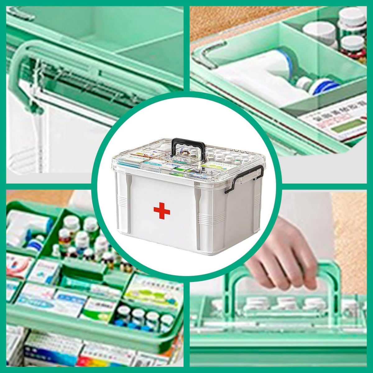 Medicine Storage Box, Double Layer Multi Grid First Aid Organizer with Lid, Portable Medicine Cabinet for Home, Transparent S
