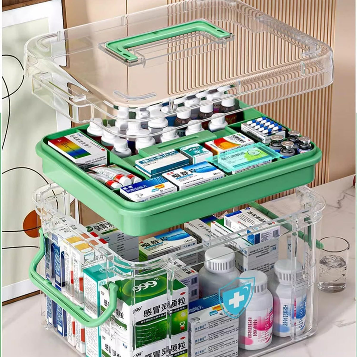 Medicine Storage Box, Double Layer Multi Grid First Aid Organizer with Lid, Portable Medicine Cabinet for Home, Transparent S