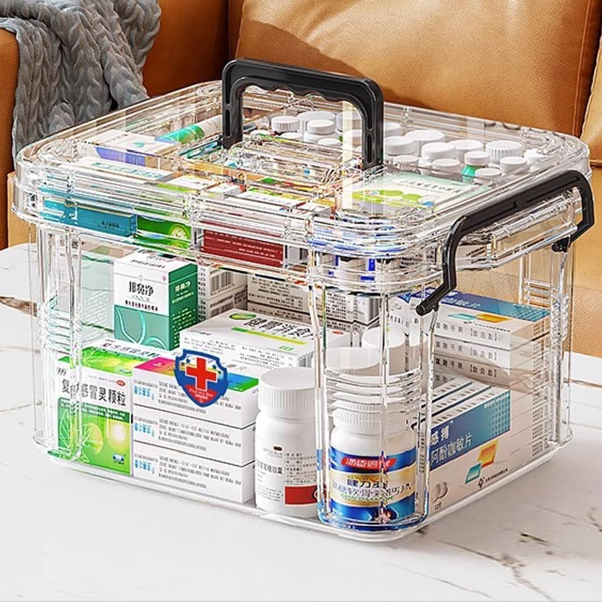 Medicine Storage Box, Double Layer Multi Grid First Aid Organizer with Lid, Portable Medicine Cabinet for Home, Transparent S