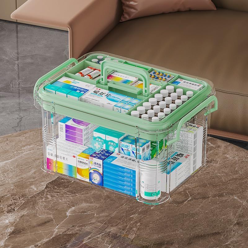 Medicine Storage Box, 2-Layer Multi Grid First Aid Medication Container, Portable Household Medicine Organizer Box with Lid, Size S