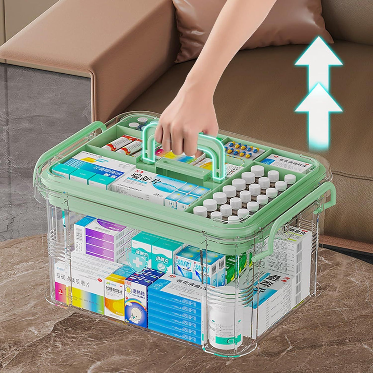 Medicine Storage Box, 2-Layer Multi Grid First Aid Medication Container, Portable Household Medicine Organizer Box with Lid, Size S