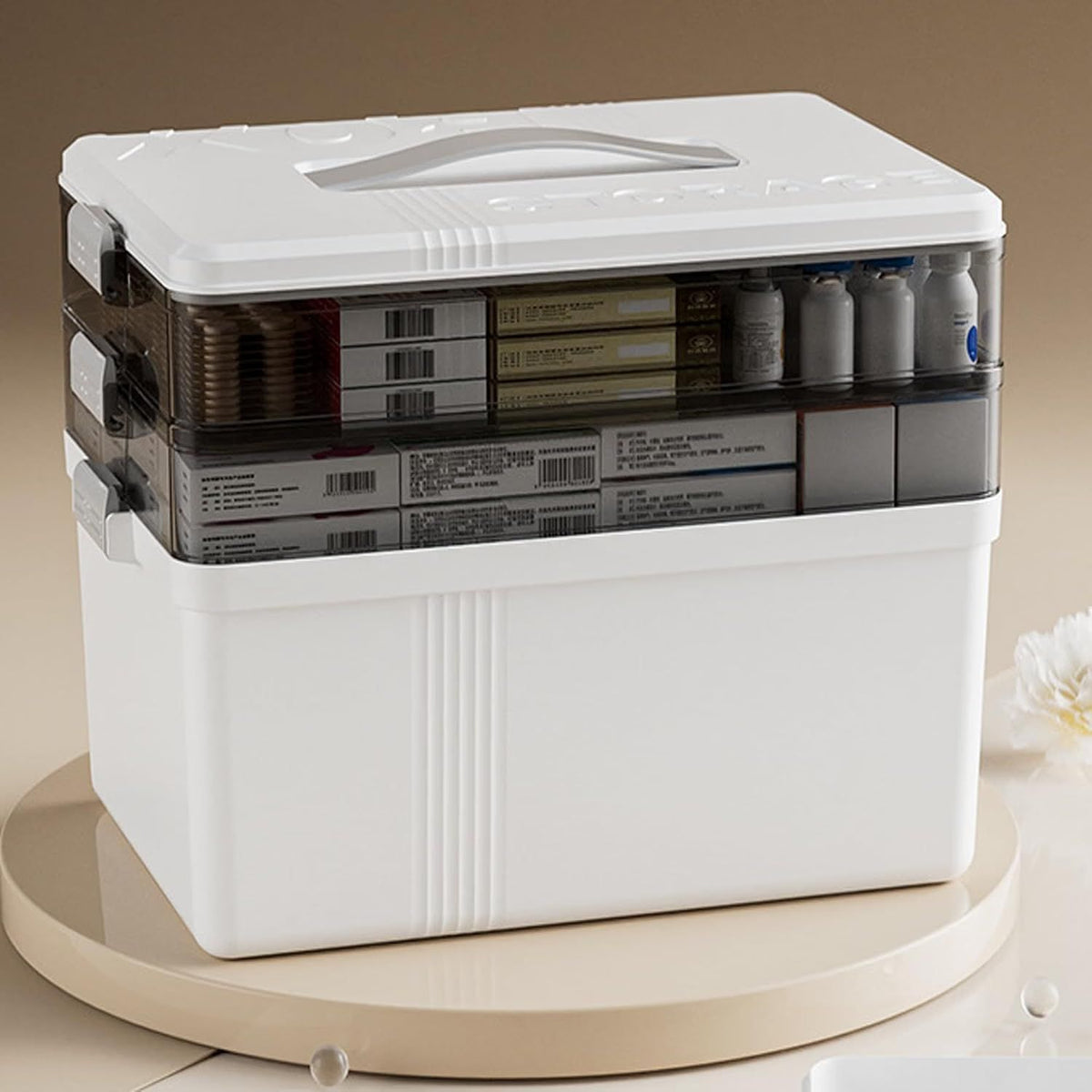 Medicine Storage Box, 2-Layer Multi Grid First Aid Medication Container, Portable Household Medicine Organizer Box with Lid, Size S