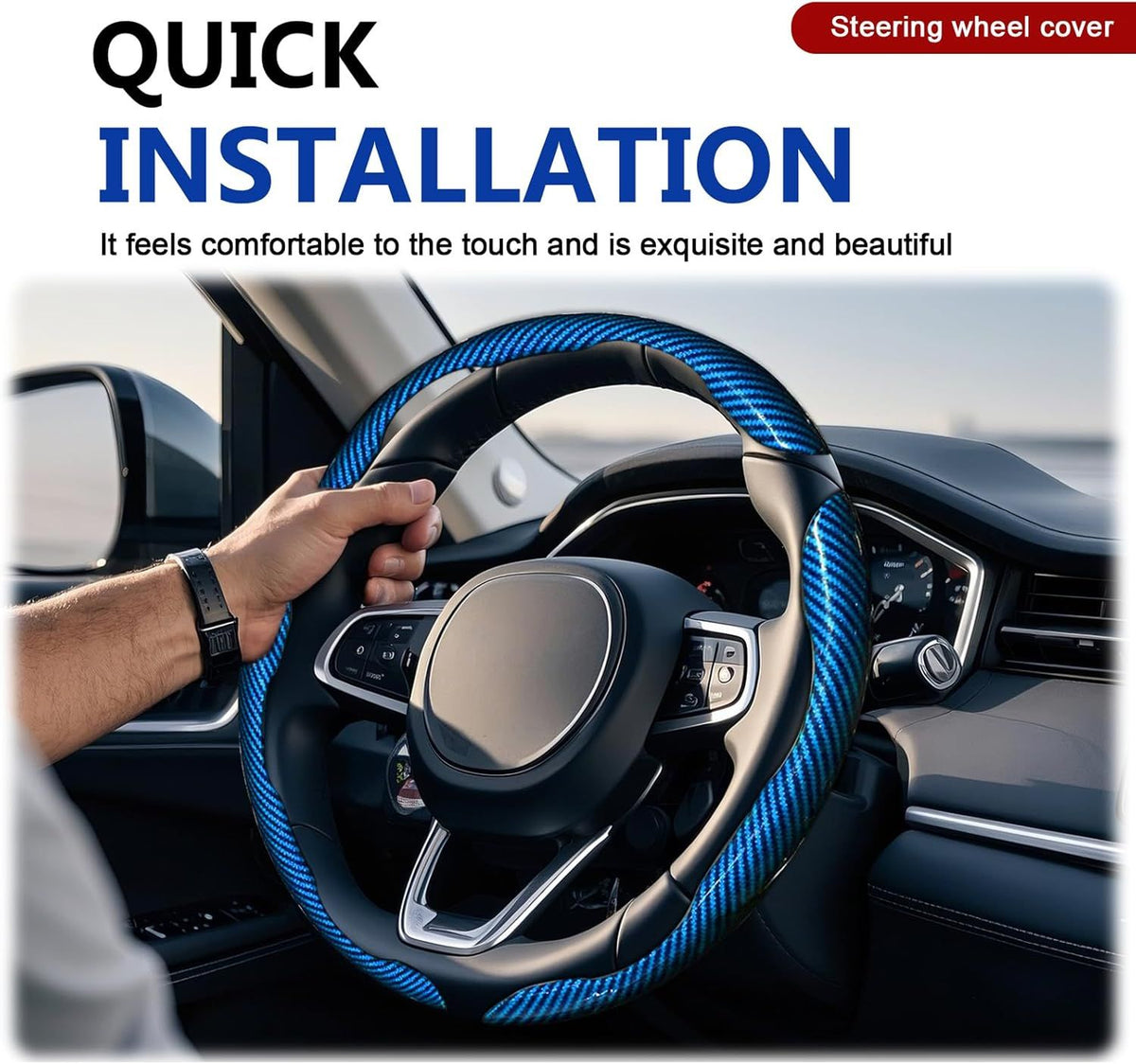 3pcs Universal Carbon Fiber Steering Wheel Cover - Anti-Slip & Segmented Design, Universal 99% Durable Steering Wheel Protector for Men and Women, Car Interior Accessory (Blue)