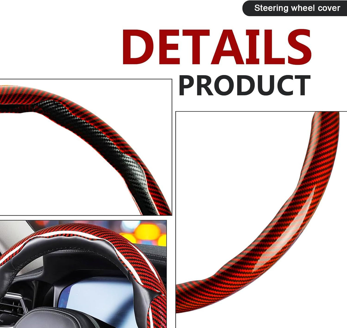 3pcs Universal Carbon Fiber Steering Wheel Cover - Anti-Slip & Segmented Design, Universal 99% Durable Steering Wheel Protector for Men and Women, Car Interior Accessory (Red)