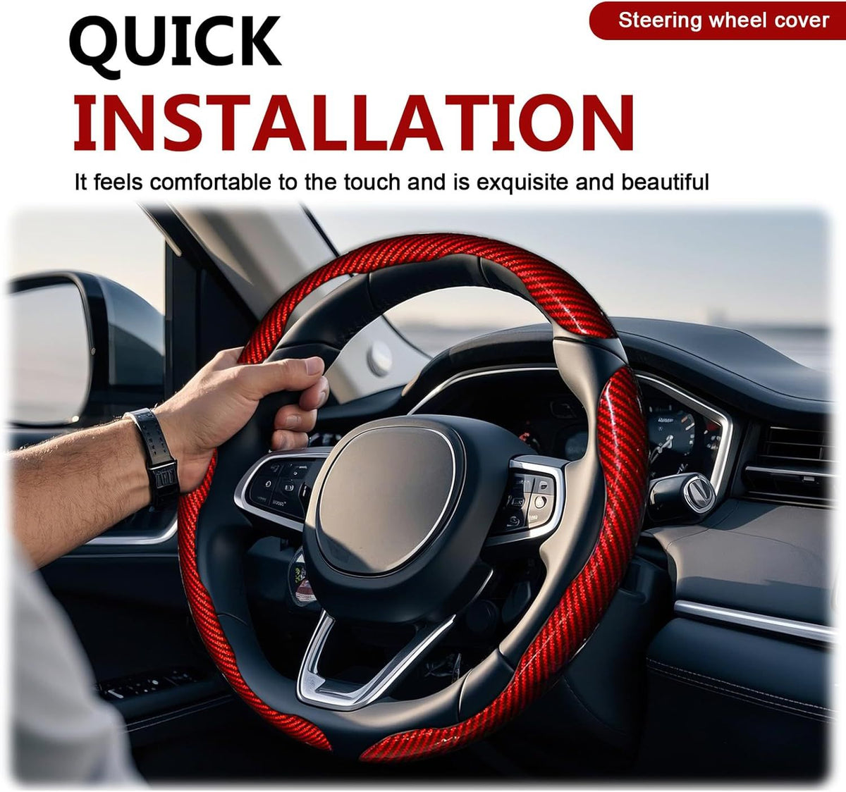 3pcs Universal Carbon Fiber Steering Wheel Cover - Anti-Slip & Segmented Design, Universal 99% Durable Steering Wheel Protector for Men and Women, Car Interior Accessory (Red)