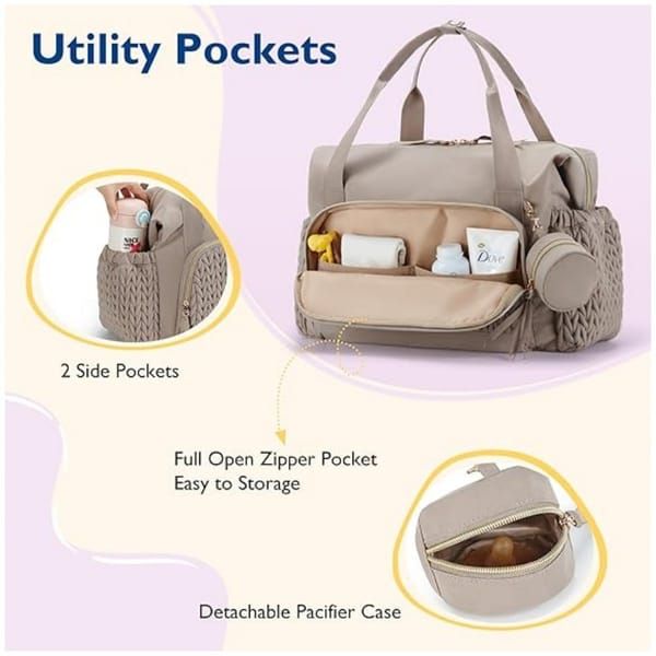 Brown Large Quilted Diaper Bag Tote, Multi‑Functional Travel Baby Bag with Changing Mat & Pacifier Pouch, Stylish Maternity Hospital Bag for Labour & Delivery
