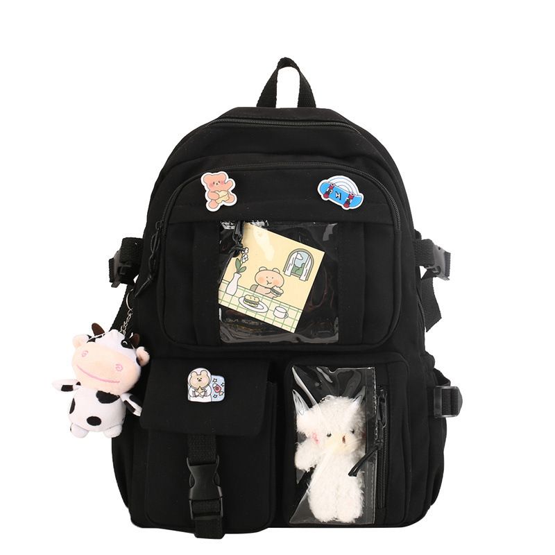 K‑Style Kids Backpack with Cute Accessories, 43×31cm Large Capacity School Backpack, Black Casual Daypack for Children & Teenagers