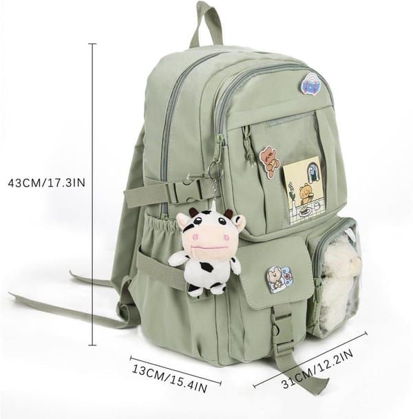 K‑Style Kids Backpack with Cute Accessories, 43×31cm Large Capacity School Backpack, Black Casual Daypack for Children & Teenagers