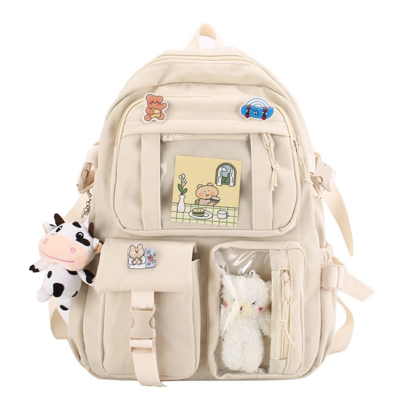 K‑Style Kids Backpack with Cute Accessories, 43×31cm Large Capacity School Backpack, Off‑White Casual Daypack for Children & Teenagers