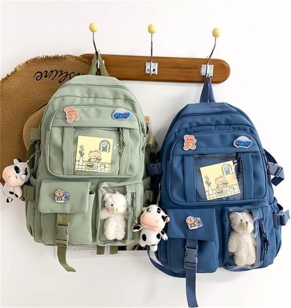 K‑Style Kids Backpack with Cute Accessories, 43×31cm Large Capacity School Backpack, Off‑White Casual Daypack for Children & Teenagers