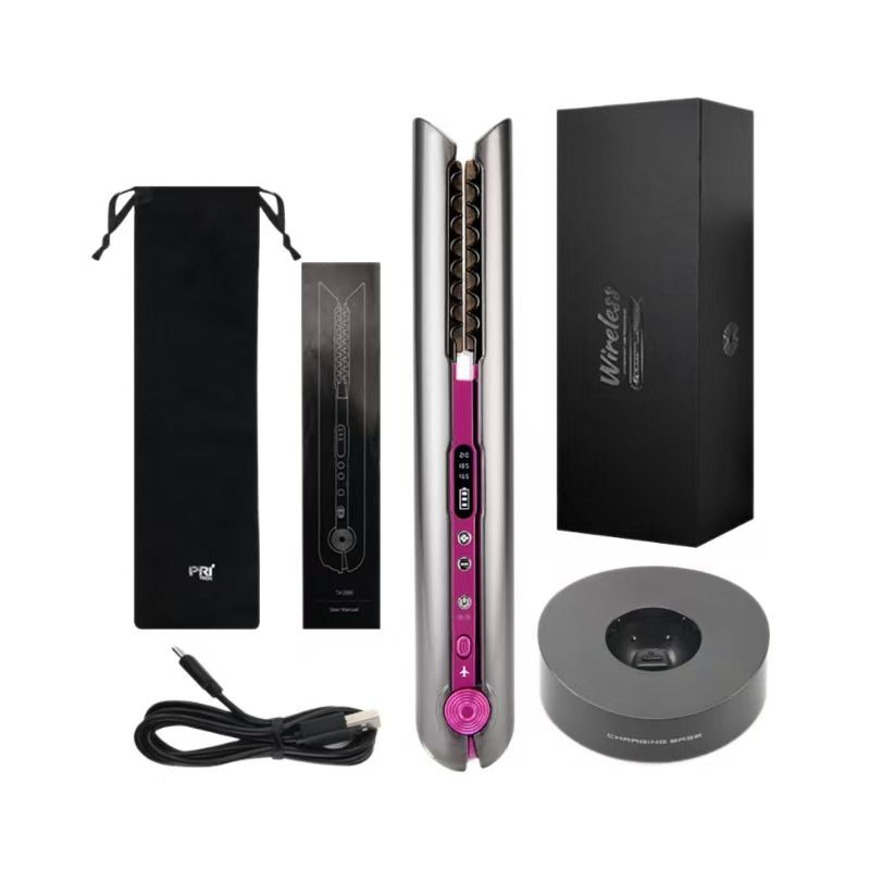 Grey Red Wireless Hair Straightener Curler 2 in 1, Portable Rechargeable Hair Styling Iron with Temperature Control