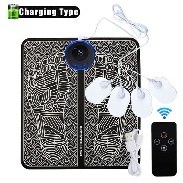 Rechargeable EMS Foot Massager Mat Remote Control 4 Electrode Pads Black
