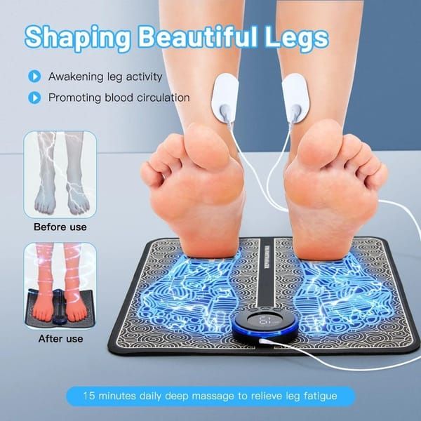 Rechargeable EMS Foot Massager Mat Remote Control 4 Electrode Pads Black