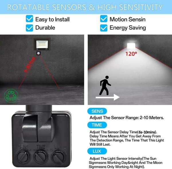 2 Pack 50W LED Flood Lights PIR Motion Sensor 5000LM IP66 Outdoor Security