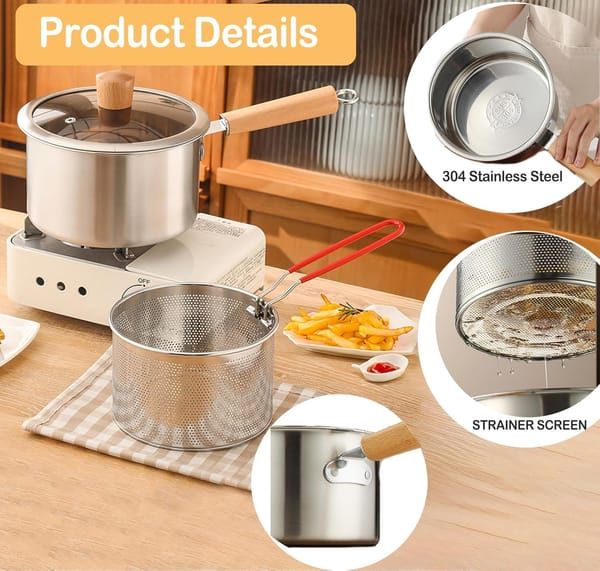 Stainless Steel Deep Fryer Pot with Basket, for Tempura, Chips & Fried Food, Compatible with Induction and Gas Stoves