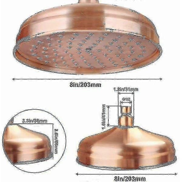8 Inch Solid Copper Rain Shower Head, Antique Copper Round Rainfall Shower Head, Adjustable Angle Fixed Mount Large Overhead Rain Shower Compatible with Standard Shower Arm for Bathroom Renovation