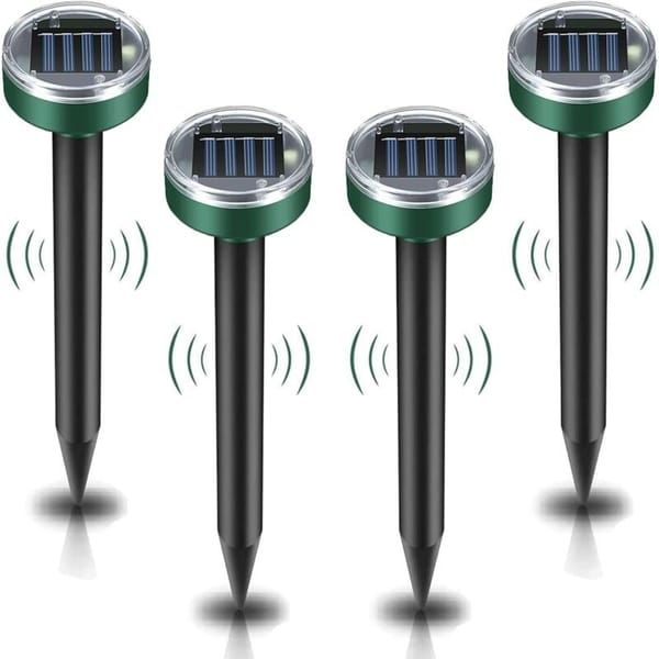Solar Ultrasonic Mole Repeller 4 Pack, IP65 Waterproof Sonic Mole Vole Gopher Deterrent, Solar Powered Ground Stake Rodent Repellent for Yard Garden Lawn Outdoor Pest Control