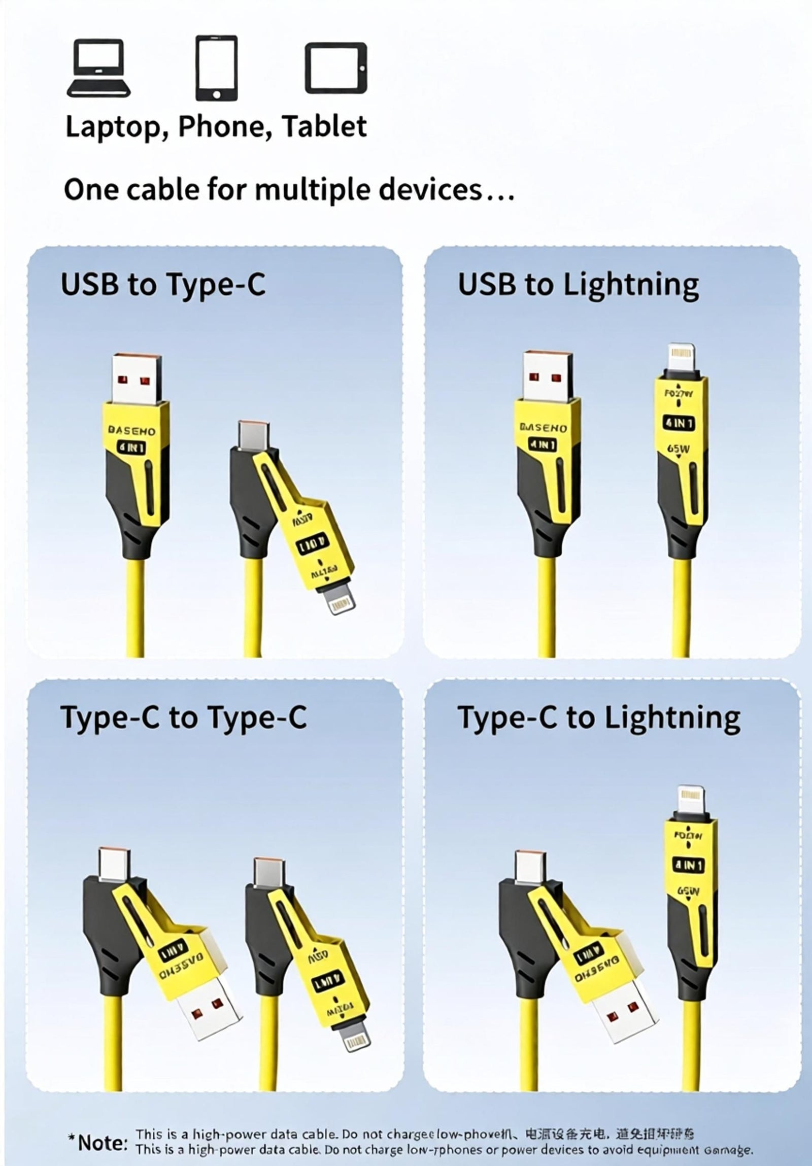 4-in-1 Retractable Spring USB Charging Cable - 65W Multi-Function Carplay Data Cord with 2-in-2 Splitter for Car Office - 1.2M 2-Pack Yellow