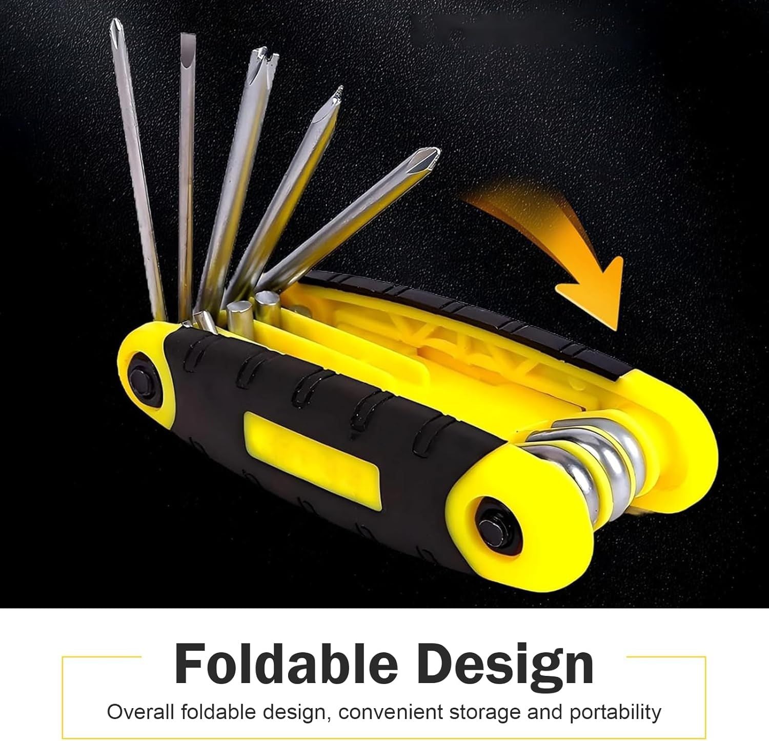 Folding Screwdriver Set, 8-in-1 Foldable High Leverage Screwdriver with Non-slip Handle, Carbon Steel Rustproof Portable Tool, Repair Tool for Car & Bike & Home (Yellow)