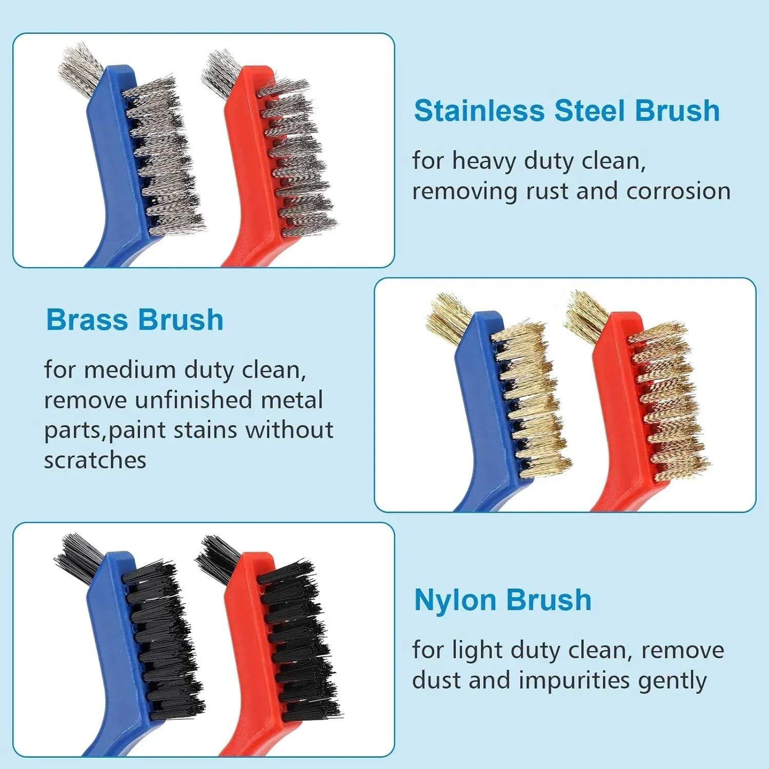 Wire Brush Set 6Pcs, Multi-Purpose Stainless Steel/ Brass/ Nylon Bristle with Curved Handle Grip for Welding Slag Cleaning, Metal Rust Scratching, Paint Scrubbing and Dirt Removal