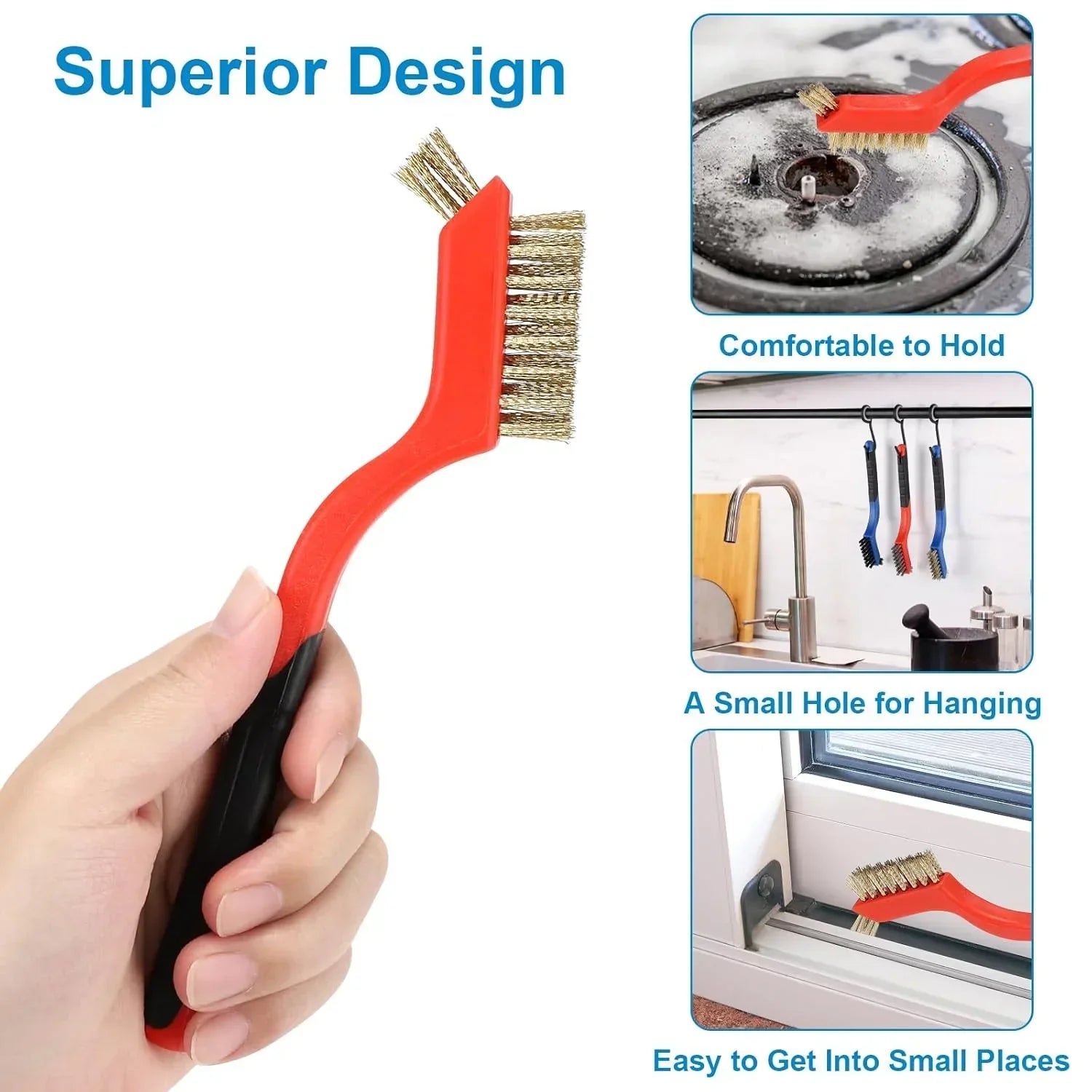 Wire Brush Set 6Pcs, Multi-Purpose Stainless Steel/ Brass/ Nylon Bristle with Curved Handle Grip for Welding Slag Cleaning, Metal Rust Scratching, Paint Scrubbing and Dirt Removal