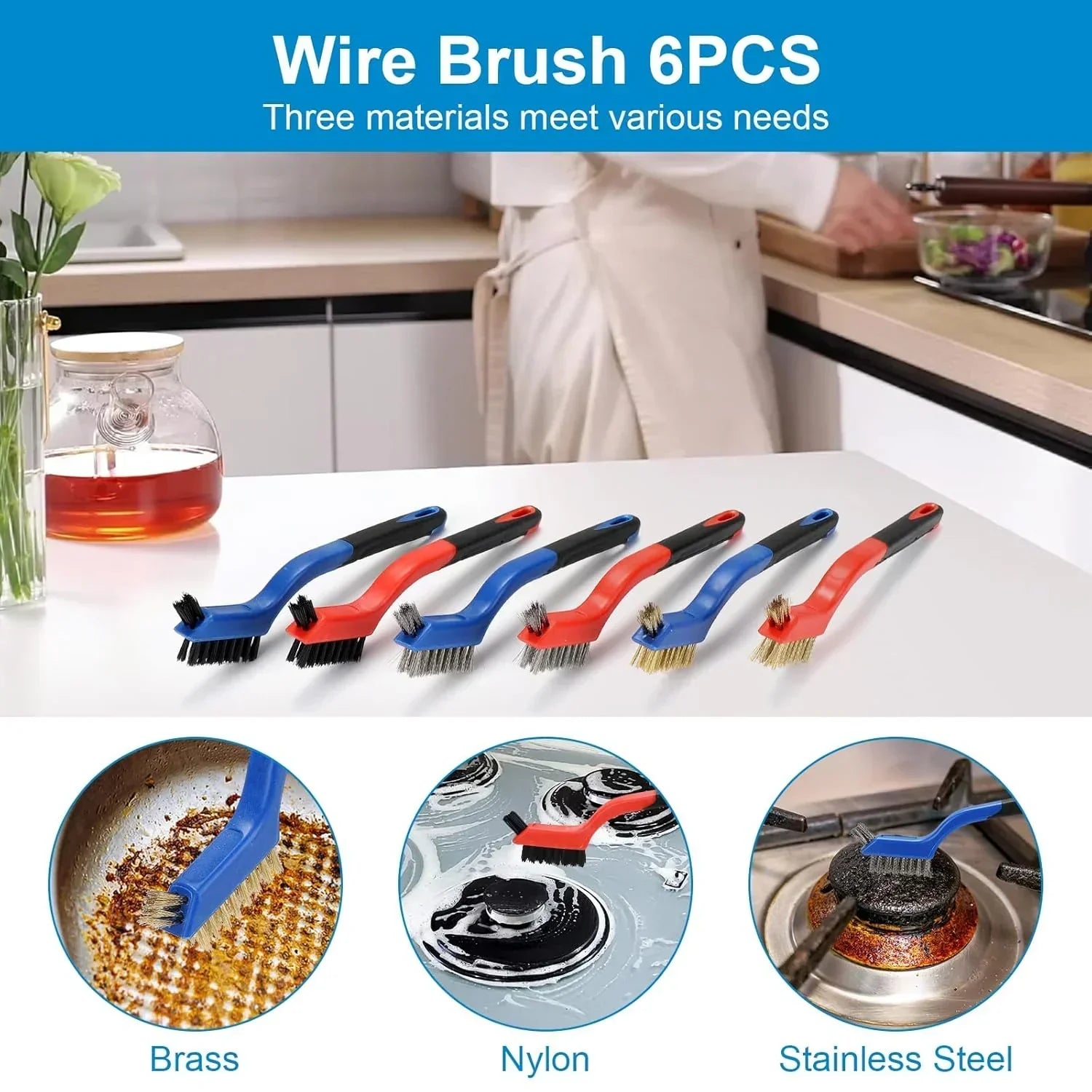 Wire Brush Set 6Pcs, Multi-Purpose Stainless Steel/ Brass/ Nylon Bristle with Curved Handle Grip for Welding Slag Cleaning, Metal Rust Scratching, Paint Scrubbing and Dirt Removal