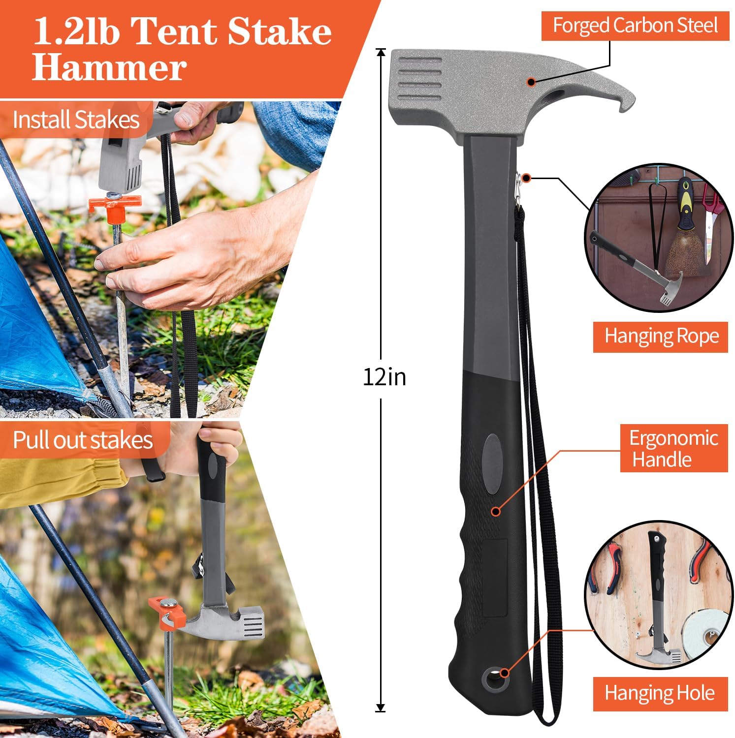 10 Pack 10in Heavy Duty Tent Stakes and Hammer Set, with Storage Pouch, for Outdoor Camping Tent, Tarp, Canopy, Picnic, Shade