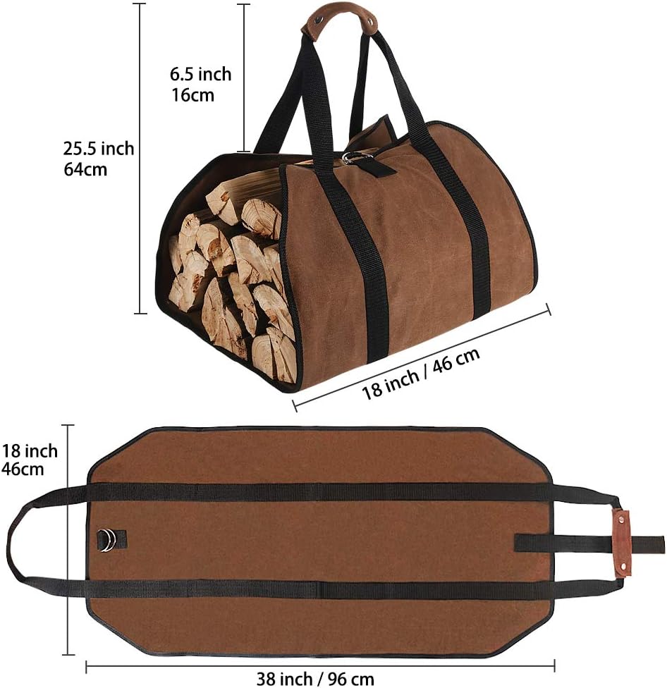 Firewood Carrier, 38in x 18in 16oz Waxed Canvas Log Carrier for Firewood, Wood Carrying Bag with Handles Securing Straps for Indoors Camping Trip, Gifts for Men Dad Husband (Brown)